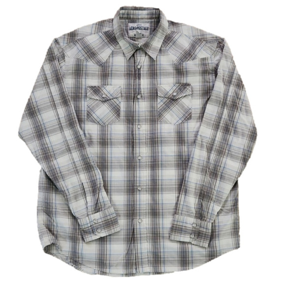 AEROPOSTALE Blue & Gray Plaid Snap Button-Up Shirt - Picture 1 of 5